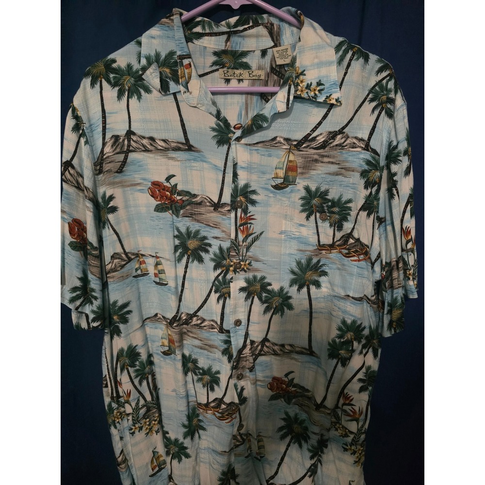 Batik Bay Mens Large Blue Tropical Island Palm Tree Sailboat Rayon Aloha Shirt